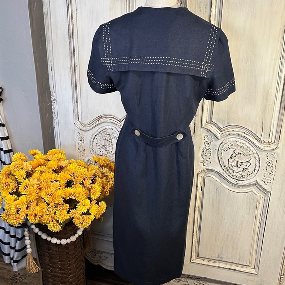 Cynthia Howie Navy Blue Linen Blend Sailor Dress with Shell Button Detail - Picture 6 of 8